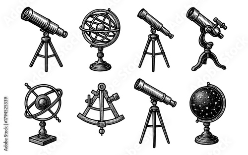 Antique astronomy tools set: telescopes, globes, and instruments in vintage style
