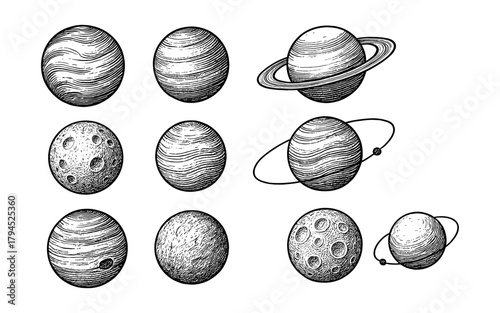 Hand drawn celestial bodies: planets and moons in vintage style