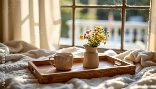 Cozy Morning Scene with Mug and Wildflowers Wooden Tray