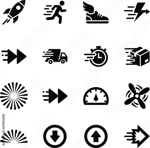 Set of speed, delivery, and motion black vector Icon. Fast motion and action symbol.