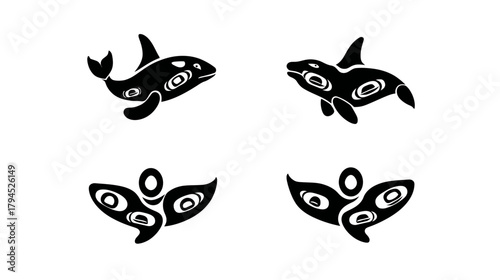 Stylized Whale and Marine Creature Vector Graphics Set. Traditional Tribal Art Inspired Decorative Elements, Black & White.
