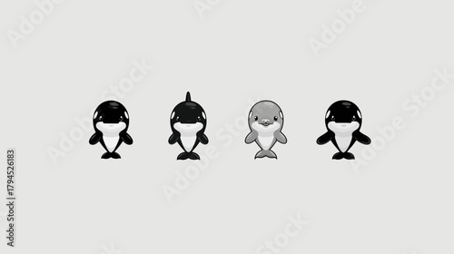 Cute cartoon killer whales and a dolphin illustration. Adorable stylized marine animals vector graphic.