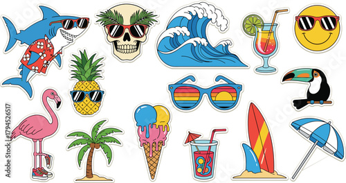 Illustration of a vibrant collection of summerthemed stickers featuring a shark, skull, wave, cocktail, smiley face, pineapple, flamingo, palm tree, ice cream, and sunglasses on beige background