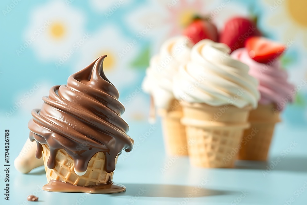 custom made wallpaper toronto digitalGenerative AI delicious chocolate soft serve ice cream cones with toppings.