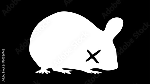 Minimalist Dead Mouse or Rat Silhouette with X Eye on Black Background. Rodent Pest Control Concept Icon