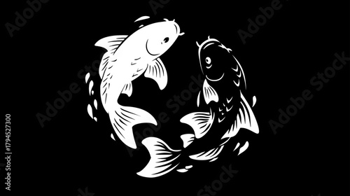 Black and white stylized koi fish illustration in yin and yang symbol style, representing balance and harmony, graphic.