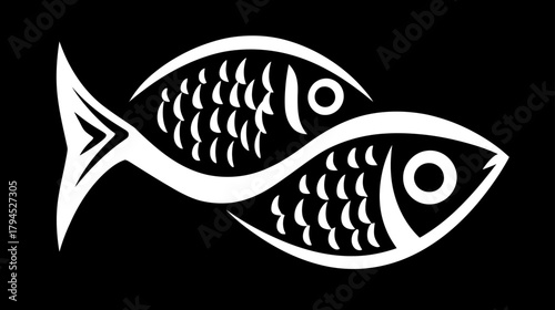 Stylized Two White Intertwined Fish Symbol on Black Background, Abstract Aquatic Animals Illustration, Yin Yang Concept Graphic Design