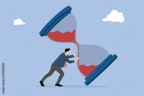 Nervous entrepreneur trying to stop hourglass or sandglass before it fall. Project deadline, running out of time or time management.