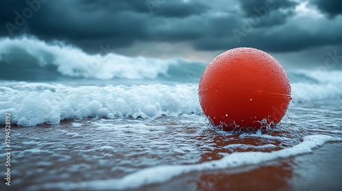 Orange buoy on foaming waves