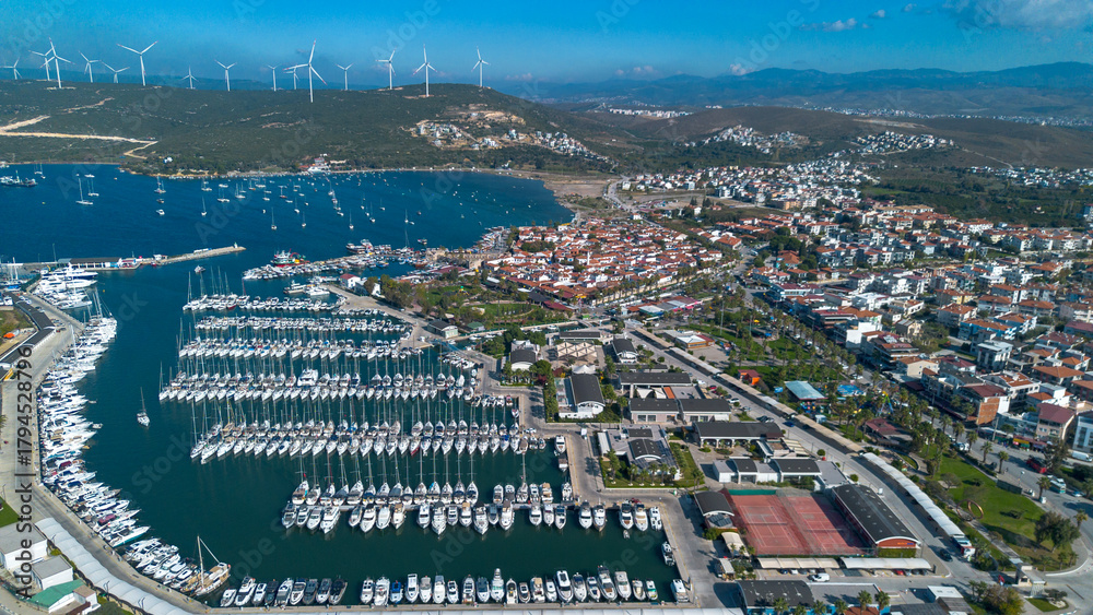 Fototapeta premium Drone Photo of Sigacik Marina, Aegean Sea Cittaslow City Seferihisar, Izmir - Turkey
