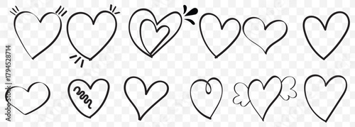Outline doodle hearts set for valentine's day or wedding design vector illustration. Hand Drawn Heart Collection Romantic Heart Illustrations for Cards Designs On Transparent Background. EPS 10.