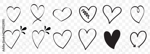 Hand drawn linear hearts set. Various brush, chalk, marker, ink drawn heart shapes. Artistic lines, outlines. Valentine's day uneven, textured edge doodle templates On Transparent Background. EPS 10.