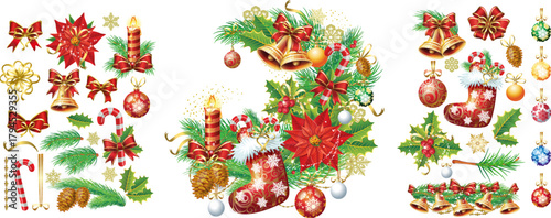 Christmas Elements and Festive Arrangement Clipart Set,  perfect for holiday cards, invitations, crafts, packaging, and seasonal graphic design projects.