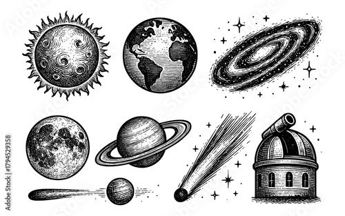 Detailed vintage space elements: planets, sun, moon, and telescopes