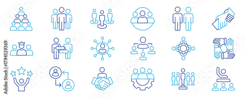 Human resources icons, such as recruitment, teamwork, employee, management, job and more. Editable strokes.