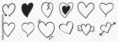 Hand drawn linear hearts set. Various brush, chalk, marker, ink drawn heart shapes. Artistic lines, outlines. Valentine's day uneven, textured edge doodle templates On Transparent Background. EPS 10.