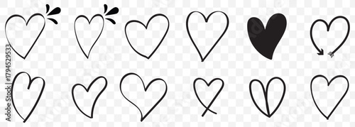 Hand Drawn Doodle Hearts Collection Isolated on transparent. Sketch Style Vector Icons for Love, Design, and Scrapbooking On Transparent Background. EPS 10.