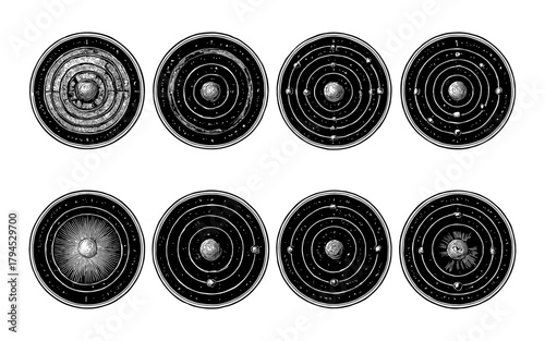 Vintage planetary solar system diagrams with retro aesthetic