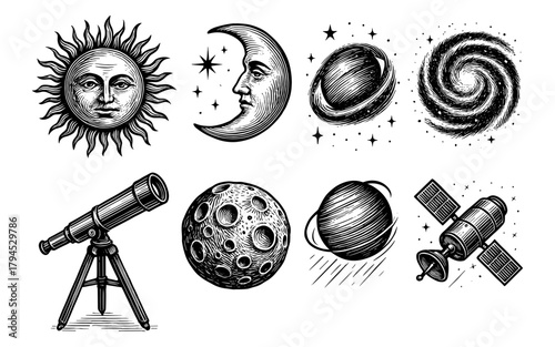 Celestial bodies and space objects in vintage engraving design