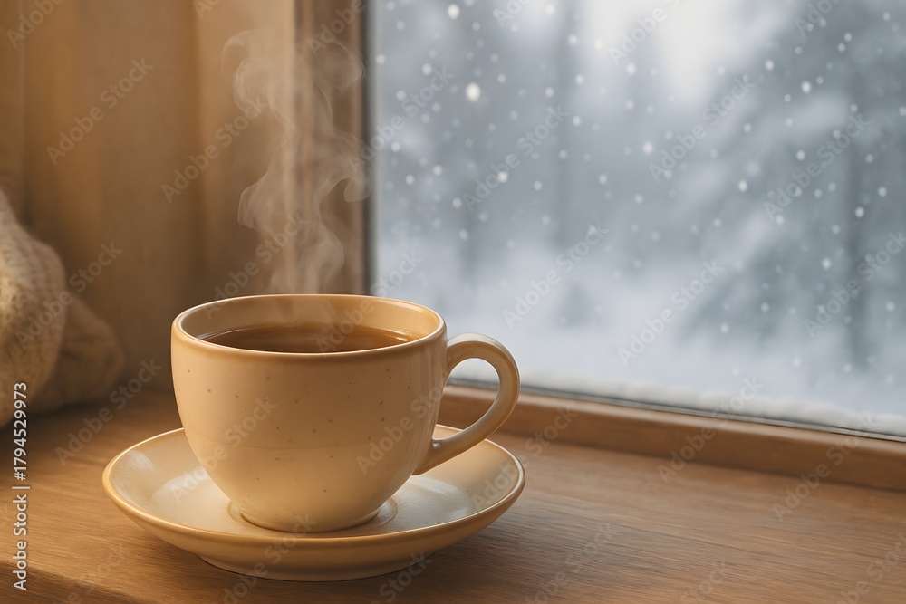 Obraz premium 차와 눈, 겨울의 따뜻함