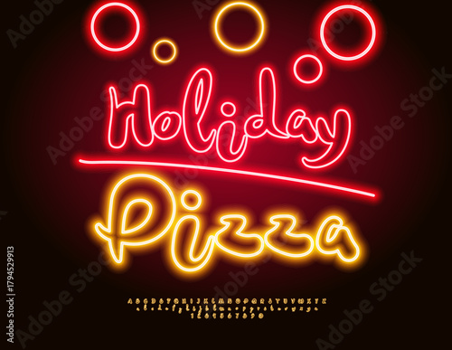 Vector template Holiday Pizza for Restaurant Menu, Cafe Offers. Yellow Neon Font. Calligraphic set of artistic Alphabet Letters and Numbers