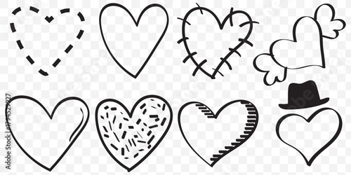 Hand Drawn Doodle Hearts Collection Isolated on transparent. Sketch Style Vector Icons for Love, Design, and Scrapbooking On Transparent Background. EPS 10.