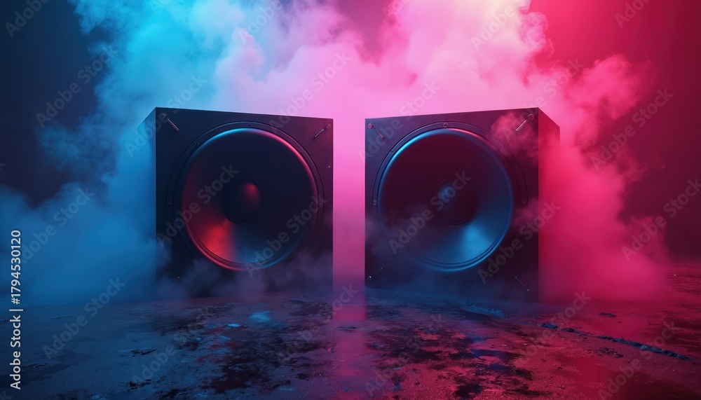 Obraz premium Two large speakers emit neon pink and blue smoke. The dark room has a wet concrete floor reflecting vibrant colored lights. Intense sound equipment ready for party or concert.