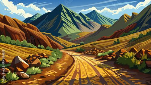 A sharp, high-detail photograph highlighting the coarse texture of a dirt and gravel road in a remote mountain area, capturing the raw and natural feel of the rugged landscape