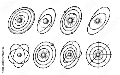 Vintage celestial diagrams with orbital and planetary designs in hand-drawn style