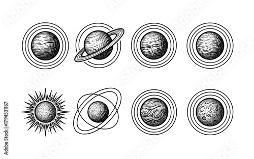 Hand-drawn celestial bodies collection with planets, sun, and moon