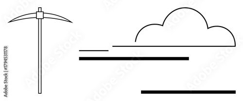 Pickaxe alongside cloud with horizontal lines suggesting data flow, mining, and technology. Ideal for technology, data storage, cloud computing, innovation, mining, sustainability digital tools