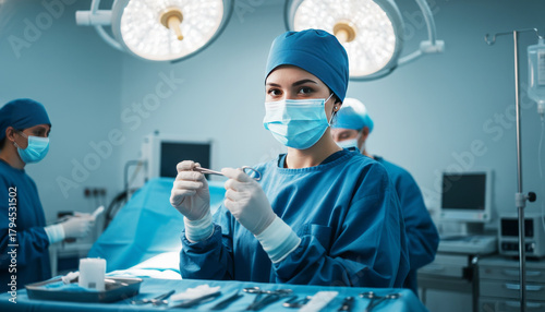 Focus and Precision: A skilled surgeon, dressed in sterile attire, maintains sharp focus while carefully preparing instruments within the operating room. This captures the dedication, precision.