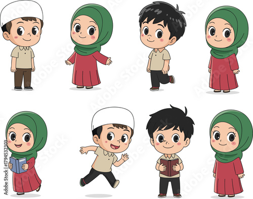 Cartoon Muslim children, modest clothing, educational theme, diverse poses, Islamic attire, vector illustration, cultural concept, cheerful expressions, isolated white background