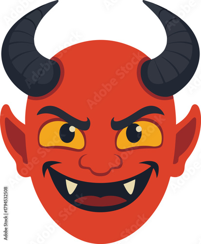 Mischievous red devil face vector character with dark horns and sharp fangs for spooky or villain themes