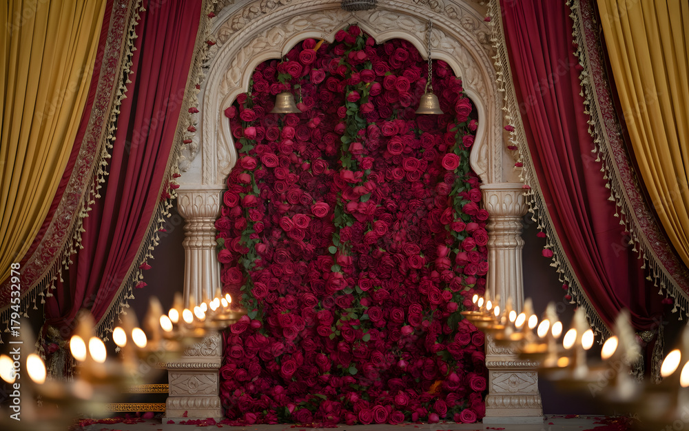 Obraz premium Ornate Rose-Covered Archway with Diyas and Silk Drapes for Classical Indian Dance Backdrop
