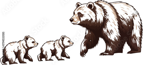 Mother bear leads her two cubs through a snowy winter landscape illustration