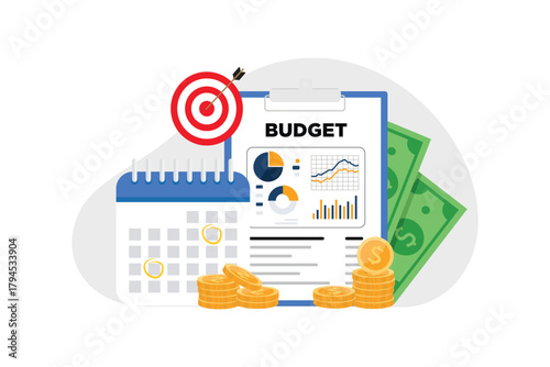 Financial planning and budget calculation concept. Business strategy for accounting, investment, and finance management. Flat vector illustration.