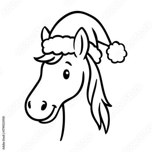 Dibujo sencillo con líneas de cabeza de caballo simpático con sombrero de Santa Claus para tarjetas y felicitaciones de Navidad