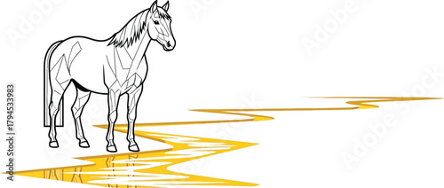 Geometric horse standing on a golden path in a minimalist vector illustration
