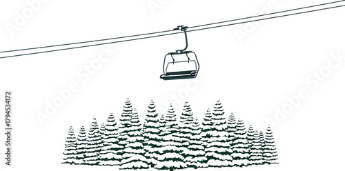 Ski lift over snow covered trees on a cold winter day in the mountains