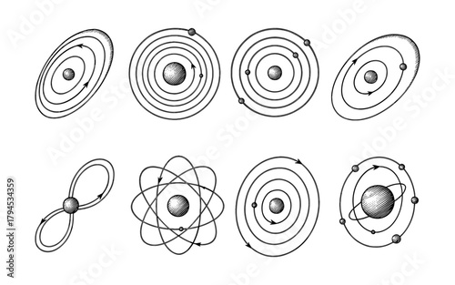 Set of hand-drawn atomic models with orbit and structure diagrams