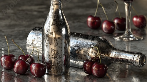 Elegant Arrangement of Silver Bottles, Cherries, and Glassware with Dark Background, Rich Tones