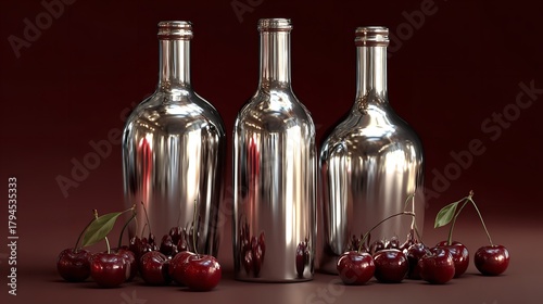 Sleek Silver Bottles with Fresh Cherries Arranged on a White Tabletop Surface