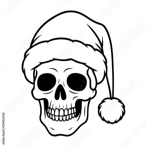 Dibujo sencillo con líneas de calavera con sombrero de Santa Claus para tarjetas y felicitaciones de Navidad