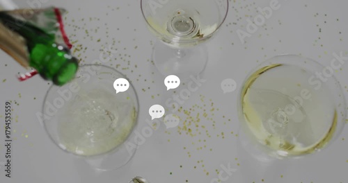 Green bottle entering left and pouring into left glass, chat bubbles growing, fading, celebrating