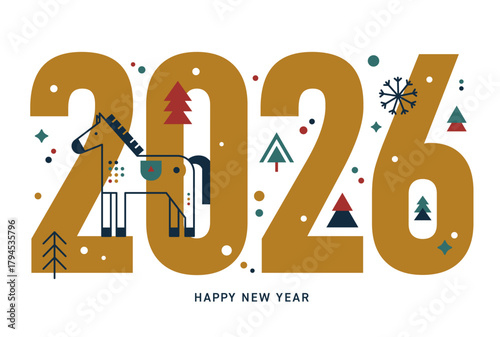 2026年・午年の年賀状デザイン｜大きな数字「2026」と北欧テイストの馬イラストによる干支の年賀イラスト｜HAPPY NEW YEARの新年挨拶カード