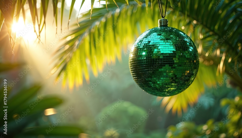 Fototapeta premium Green disco ball hangs on palm tree branch in tropical garden. Sunlight shines through lush leaves creating festive mood. Exotic party decor at paradise location.