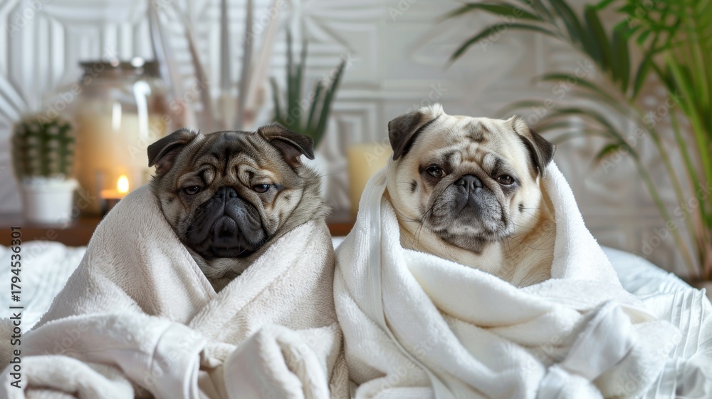 Obraz premium Two pugs wrapped in white towels sit together in a cozy indoor setting. Green plants and candles are visible in the background.