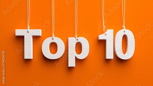 Artistic Top 10 Letters Hanging From String On Orange Background Celebration Concept