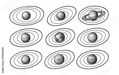 Stylized planetary orbits with textured celestial spheres in retro graphic art style